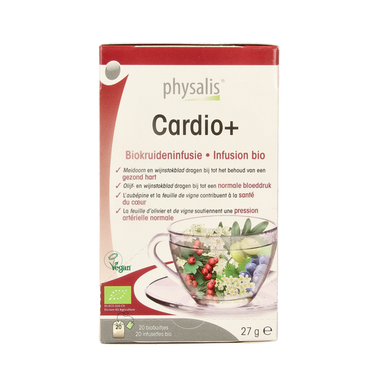 Physalis Cardio + infusie bio coffee and tea set, 20 pieces, with fresh herbs and natural ingredients in clear packaging.