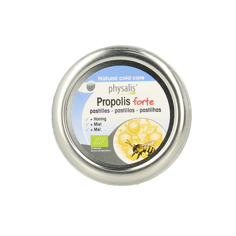 Physalis Propolis forte bio pastilles, natural snoepgoed in 45g package with yellow and green packaging.