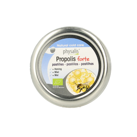 Physalis Propolis forte bio pastilles, natural snoepgoed in 45g package with yellow and green packaging.