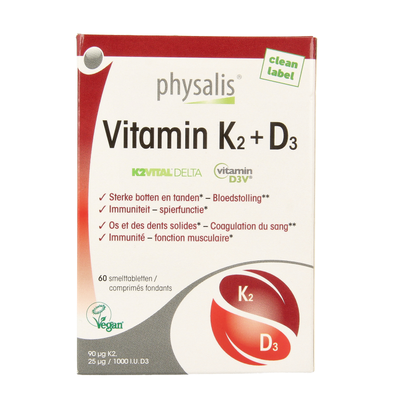 Physalis Vitamin K2 + D3 multivitamin tablets in a blister pack, dietary supplement for bone and immune health.