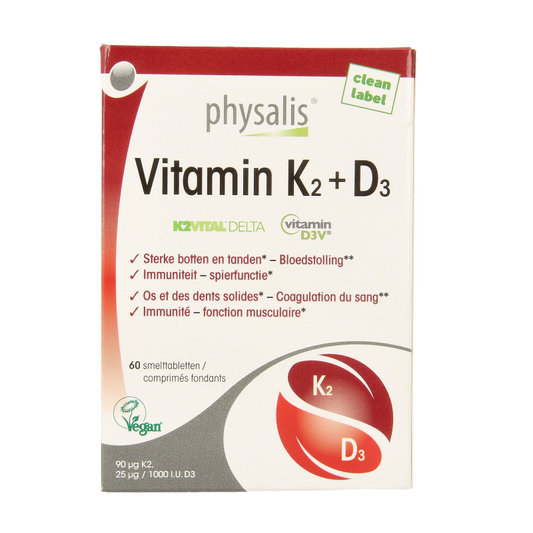 Physalis Vitamin K2 + D3 multivitamin tablets in a blister pack, dietary supplement for bone and immune health.