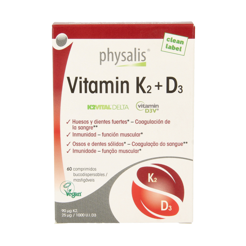 Physalis Vitamin K2 + D3 multivitamin tablets in a bottle, supplement for bone and immune health.