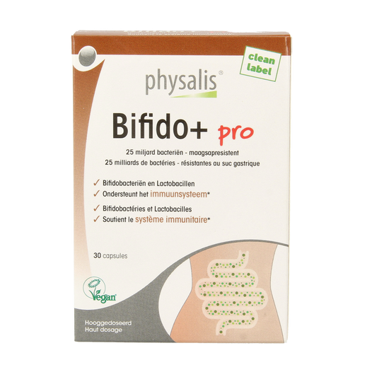 Physalis Bifido + Pro 30 capsules bottle, probiotic supplement with micro-organisms, in a clear container with label.