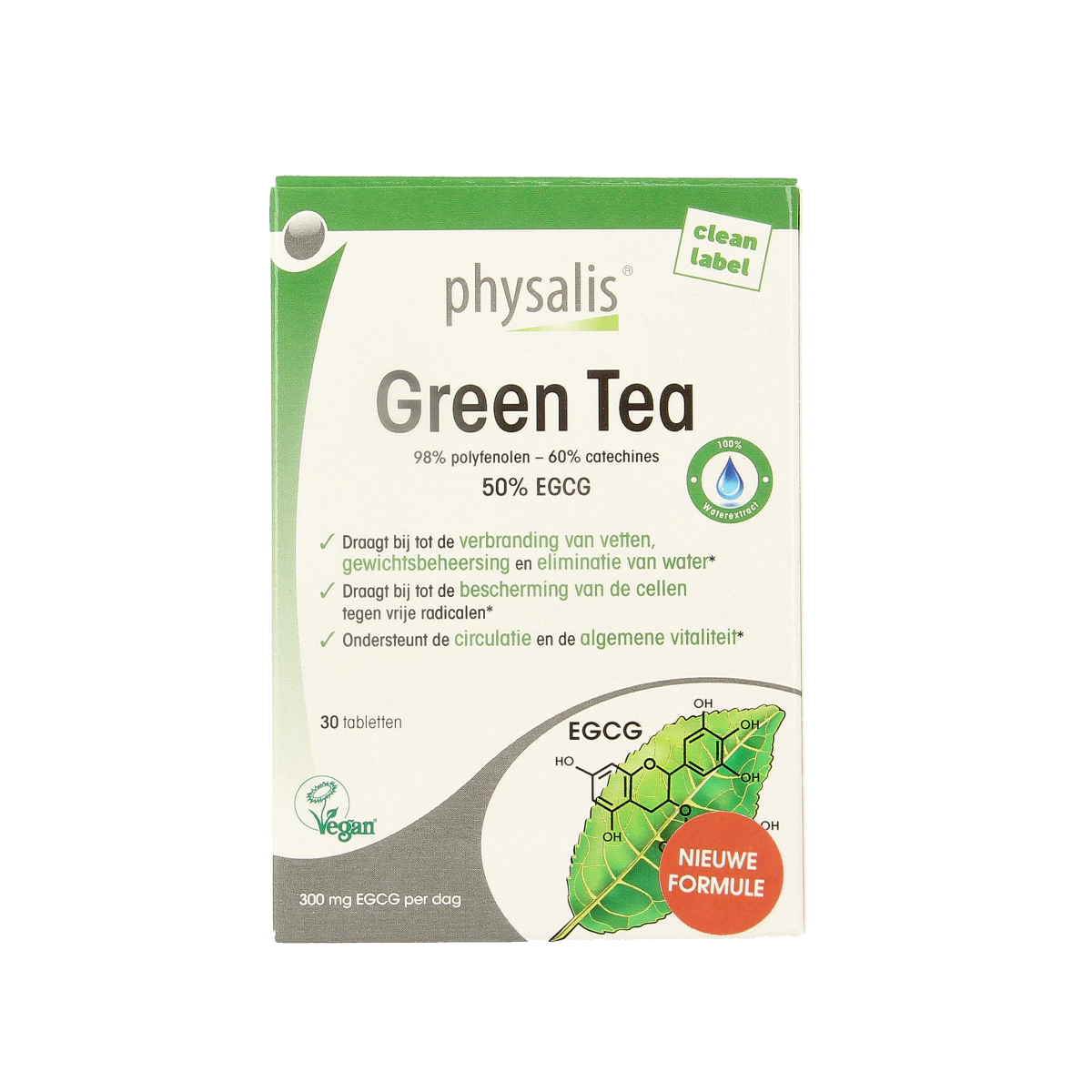 Physalis Green Tea tablets package, dietary supplement for tea and coffee enthusiasts, with 30 tablets in a box.
