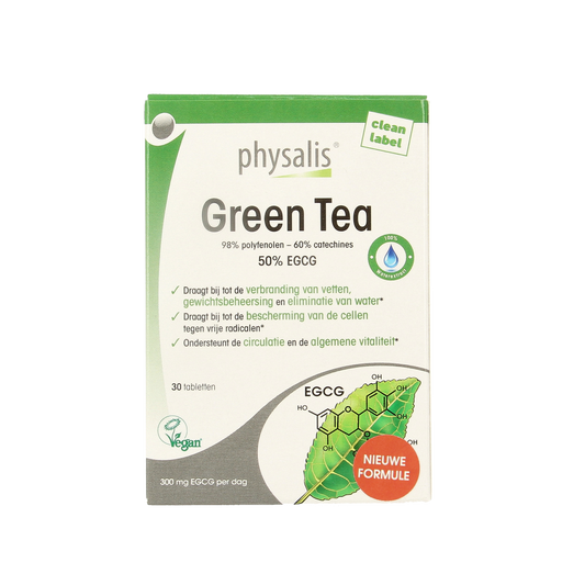 Physalis Green Tea tablets package, dietary supplement for tea and coffee enthusiasts, with 30 tablets in a box.