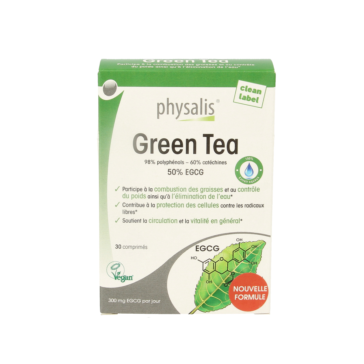 Physalis Green Tea tablets in a blister pack, natural supplement from Physalis, part of koffie en thee product line.