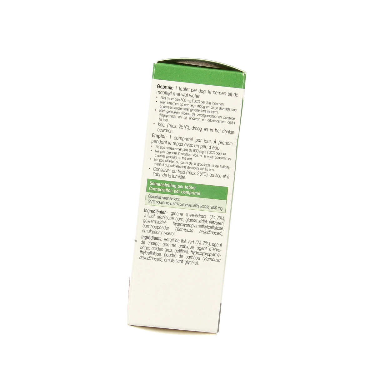 Physalis Green Tea tablets in a container, showing the product label with 30 tablets, part of Physalis coffee and tea range.