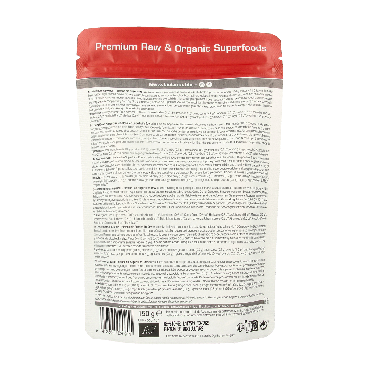 Biotona Superfruits raw organic powder in 150g package, colorful superfood blend with various dried fruits and superfoods.