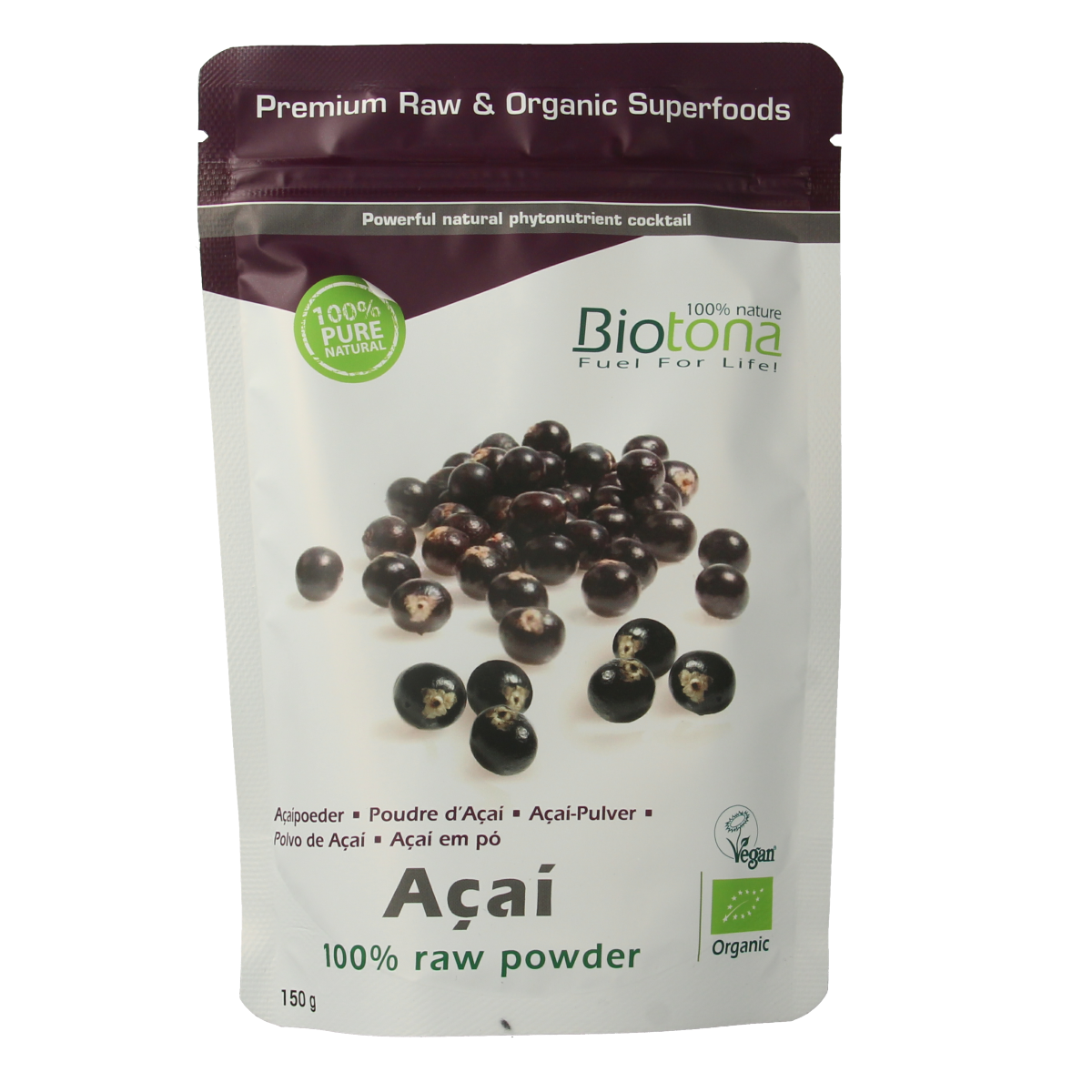 Biotona Acai raw powder in 150g package, superfood supplement with vibrant purple acai berries and natural texture.