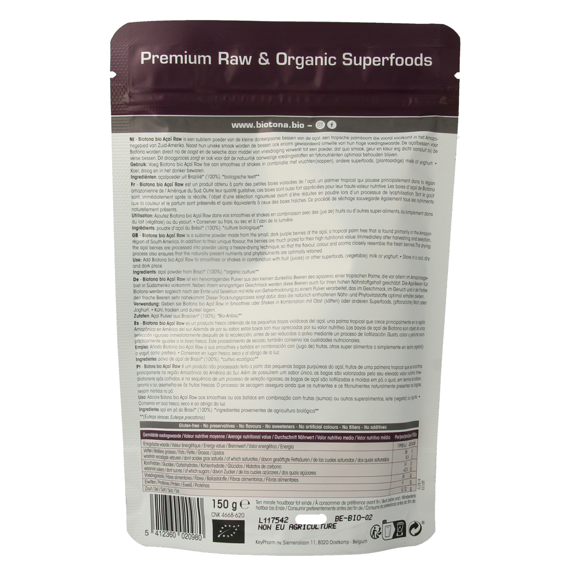 Biotona organic acai raw powder in a 150g package, showcasing vibrant purple acai berries and the product container.