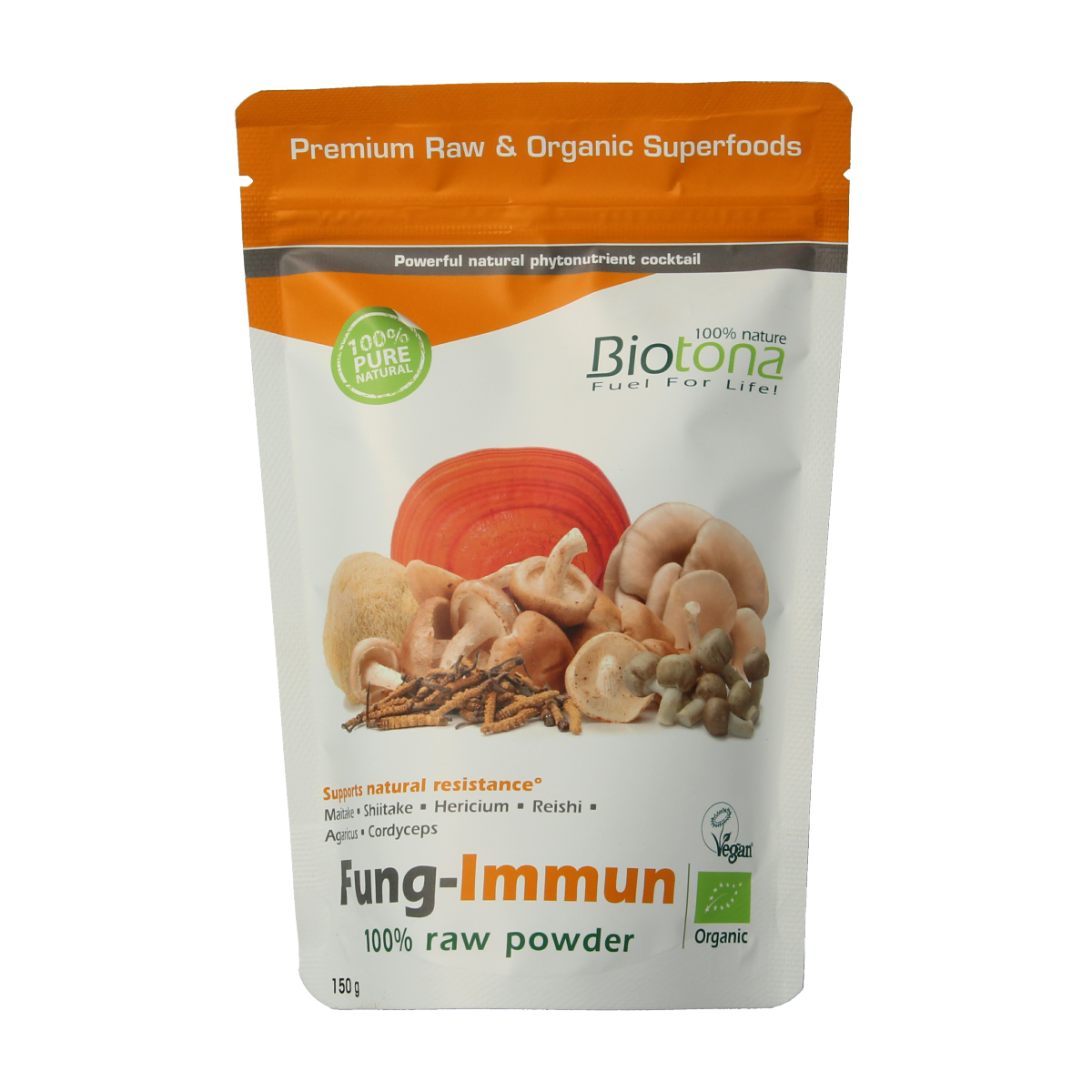 Biotona Fung Immune Raw Powder 150g, natural herbal supplement with dried mushroom extract, in a resealable pouch.