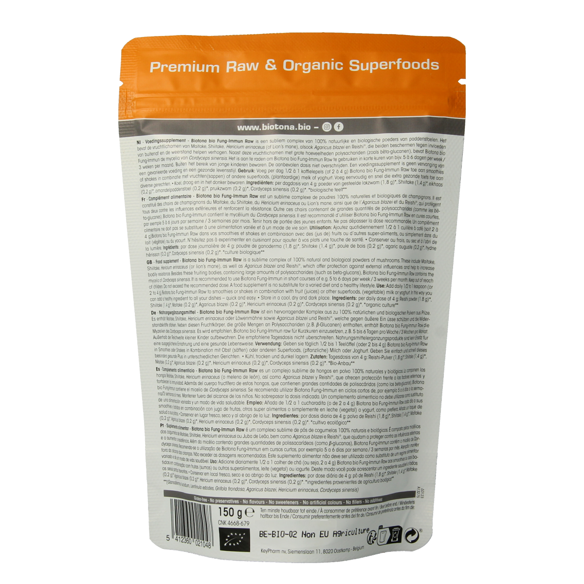Biotona Fung immuun raw powder in a jar, herbal supplement for immune support, 150 grams, natural herbal kruidenpreparaten.