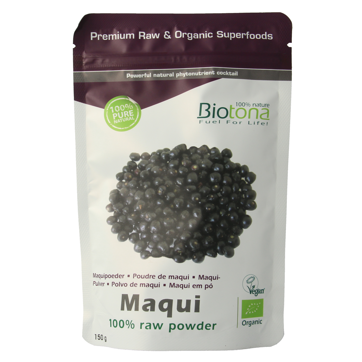 Biotona Maqui raw organic powder in a 150g package, showcasing vibrant purple maqui berries used in superfoods.