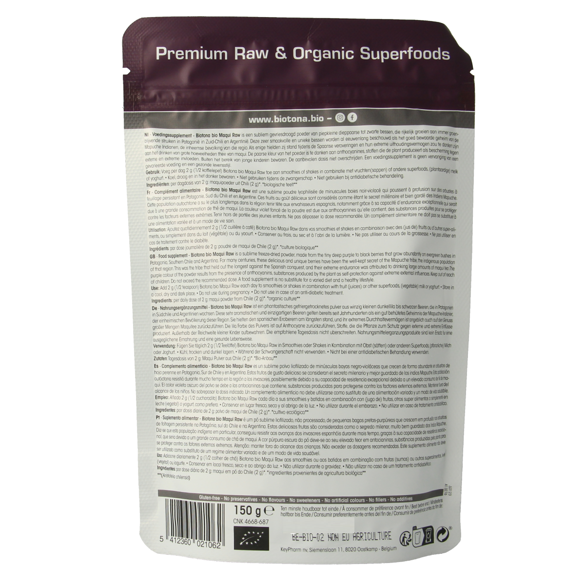 Organic Biotona Maqui raw powder in a 150g package, showcasing vibrant purple maqui berries and powder in a natural setting.
