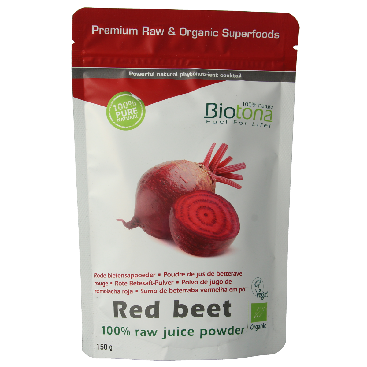 Biotona organic red beet raw powder in a 150g package, vibrant red powdered superfood with fresh beetroot appearance.
