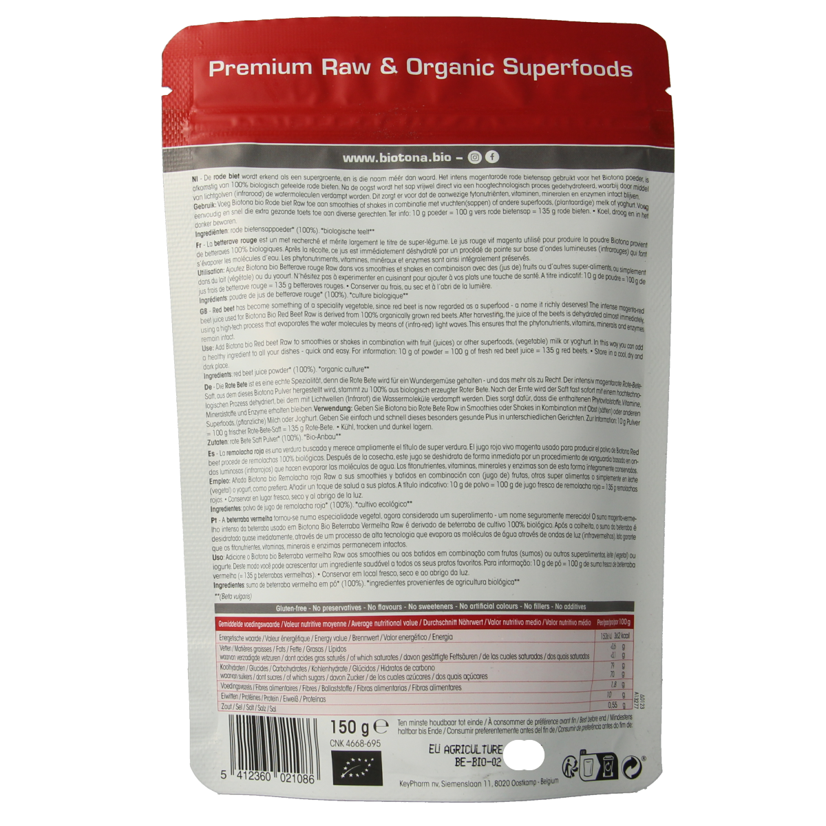 Biotona Red Beet Raw Powder Bio in 150g package, showing vibrant red beet powder in a resealable bag, superfood nutritional supplement.
