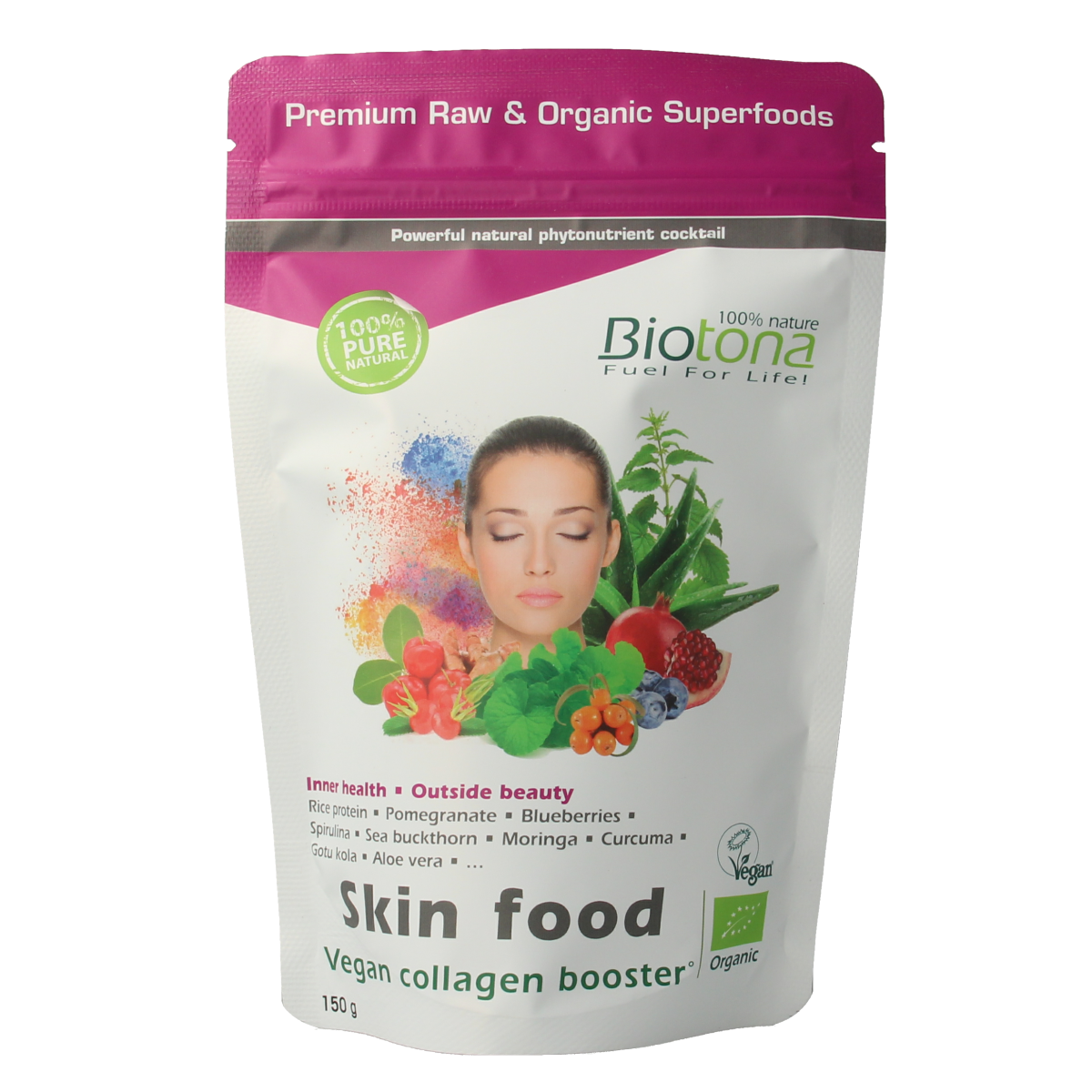 Biotona Skin Food raw superfood powder in a 150g package, featuring natural organic ingredients for healthy skin nourishment.