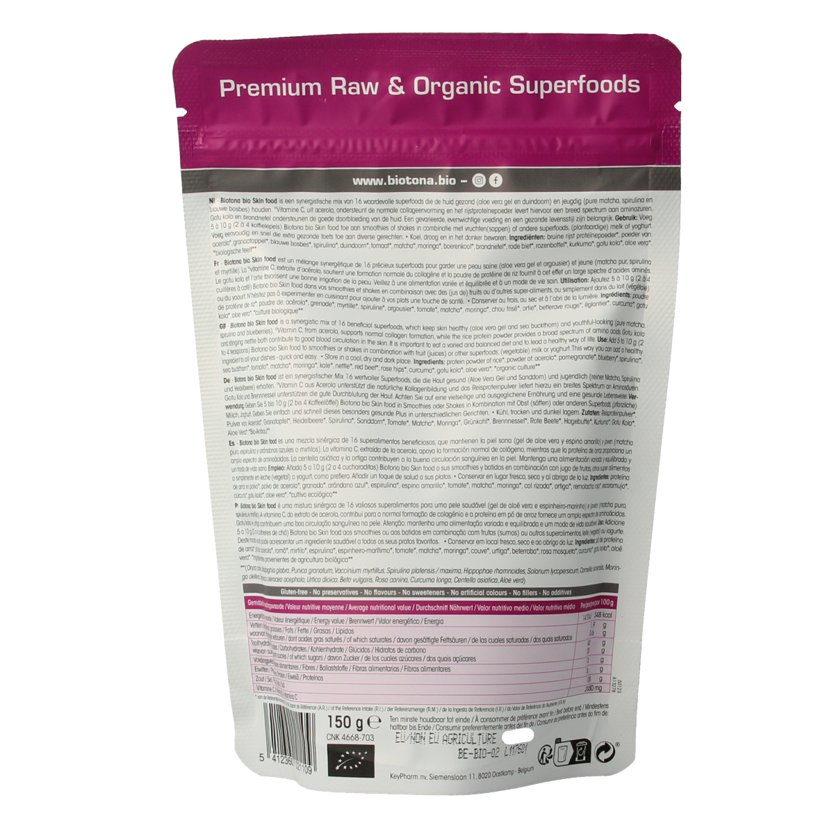 Biotona Skin Food raw superfood powder in a 150g package, featuring natural organic ingredients for skin health.