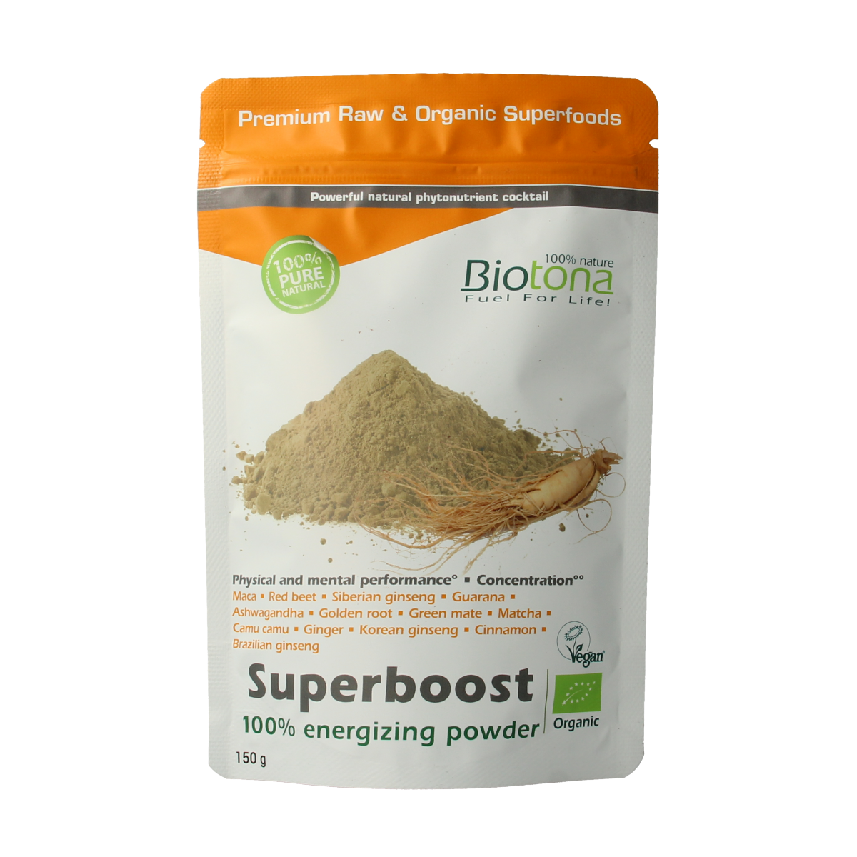 Biotona Superboost organic raw superfood powder in 150g package, featuring natural superfoods for health and energy.
