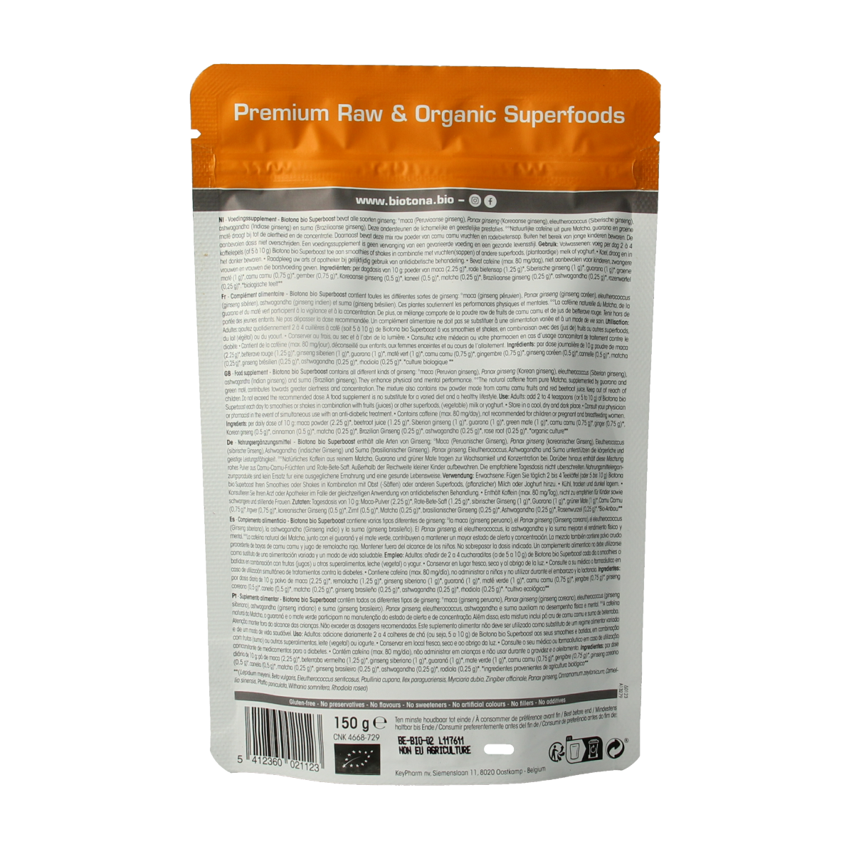 Biotona Superboost organic superfood powder in a 150g package, showcasing the raw, natural ingredients of this superfood blend.
