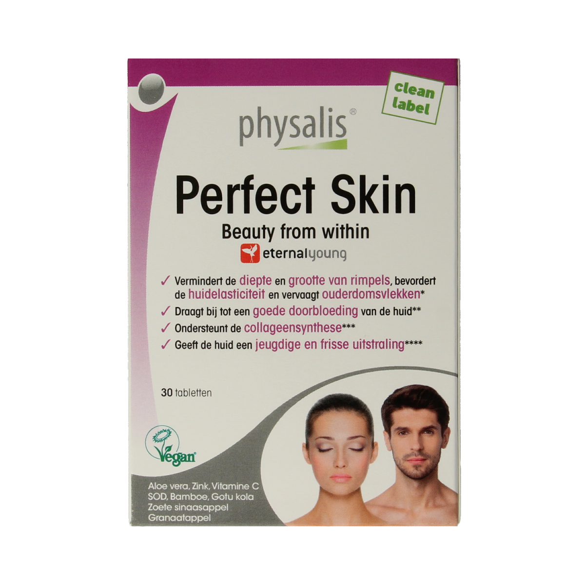 Physalis Perfect Skin herbal supplement tablets in a bottle, part of Physalis kruidpreparaten line, with label showing product details.