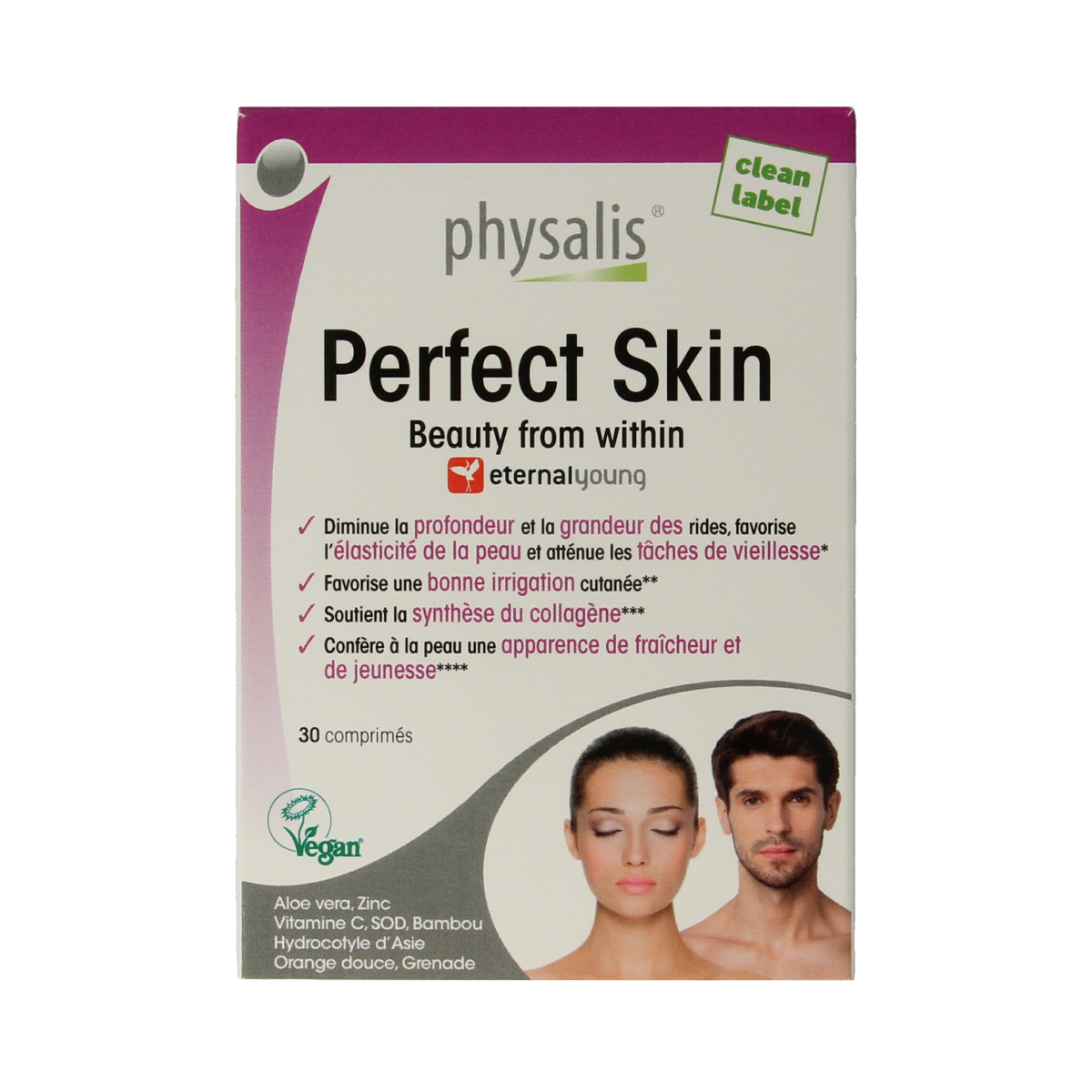 Physalis Perfect Skin herbal supplement tablets in a bottle, natural herbal product for skin health from Physalis brand.