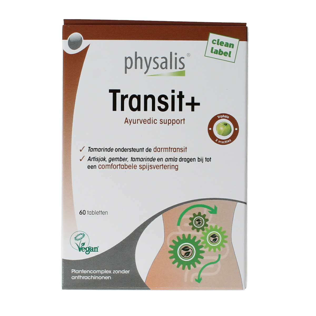 Physalis Transit+ herbal supplement box with 60 tablets, natural plant-based kruidenpreparaten from Physalis brand.