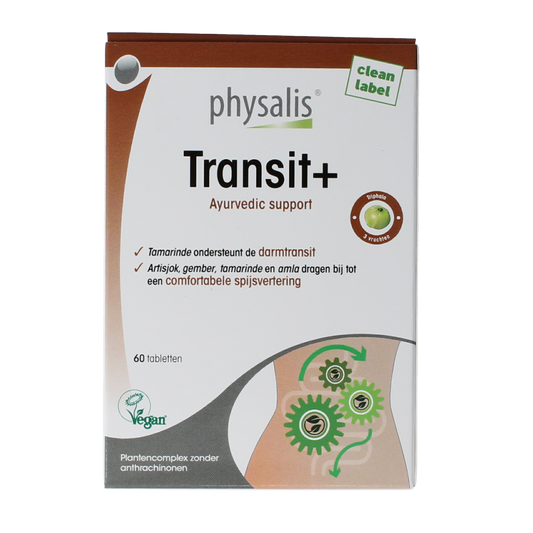 Physalis Transit+ herbal supplement box with 60 tablets, natural plant-based kruidenpreparaten from Physalis brand.