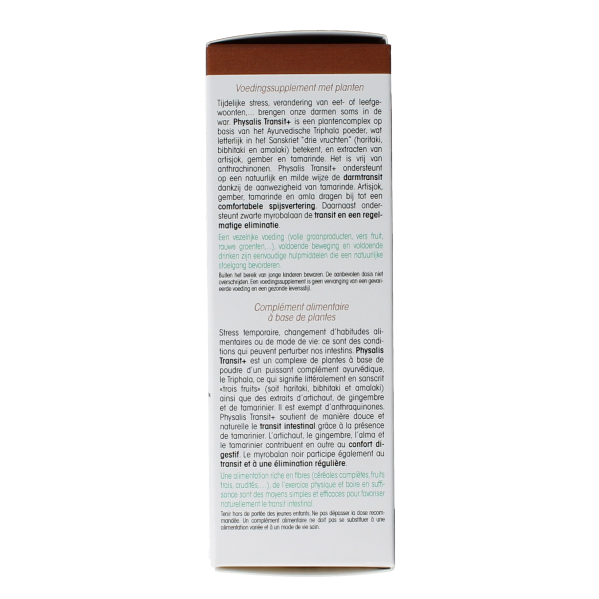 Physalis Transit+ herbal supplement tablets in a clear bottle with label, designed for digestive support and natural wellness.
