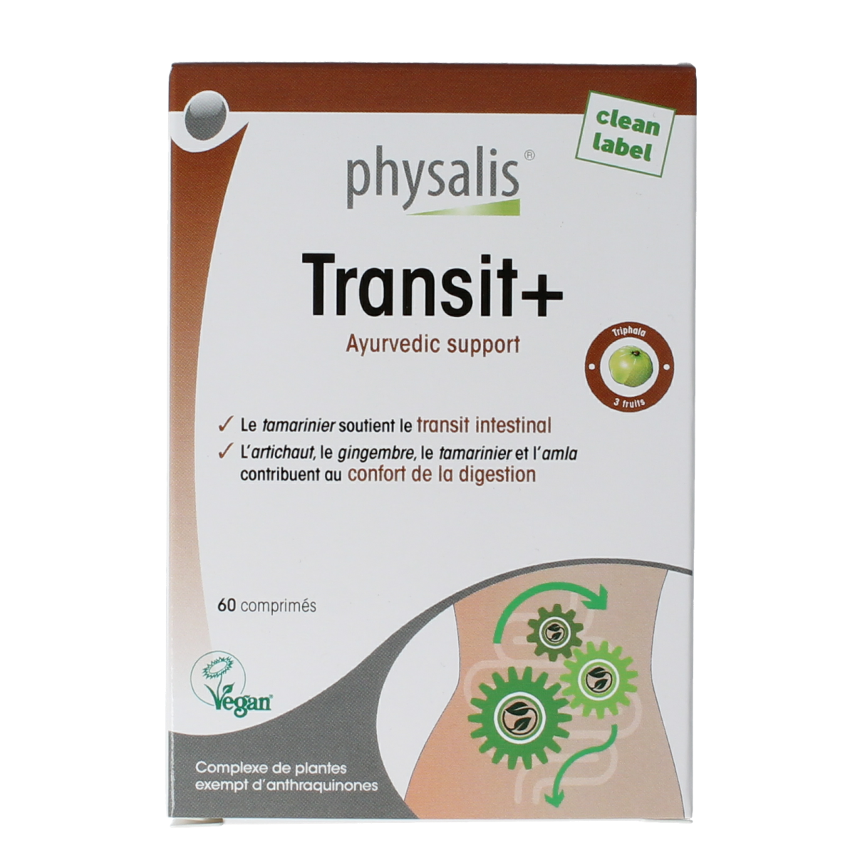 Physalis Transit+ herbal supplement box with 60 tablets, featuring natural packaging and product branding.