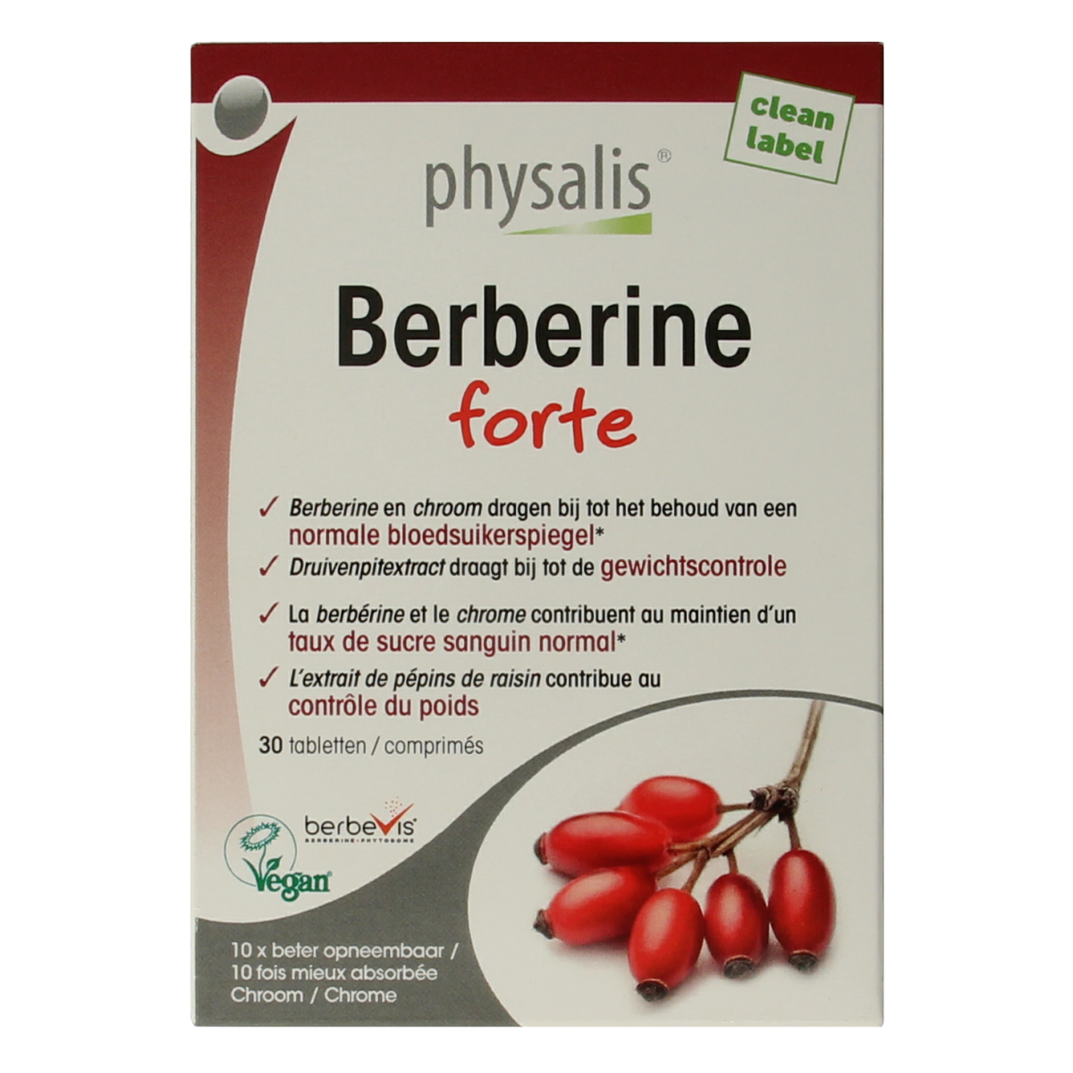 Physalis Berberine Forte 30-tablet bottle showing the herbal supplement packaging with tablets inside.