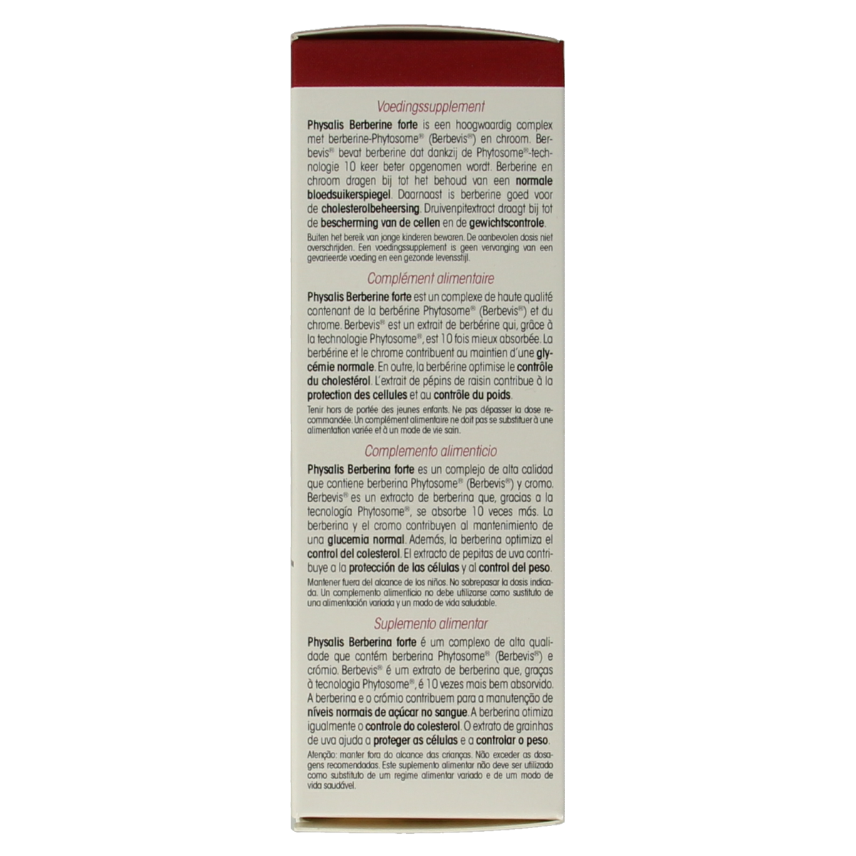 Physalis Berberine forte 30 tablets, herbal supplement packaging with tablets visible, designed for health and wellness.