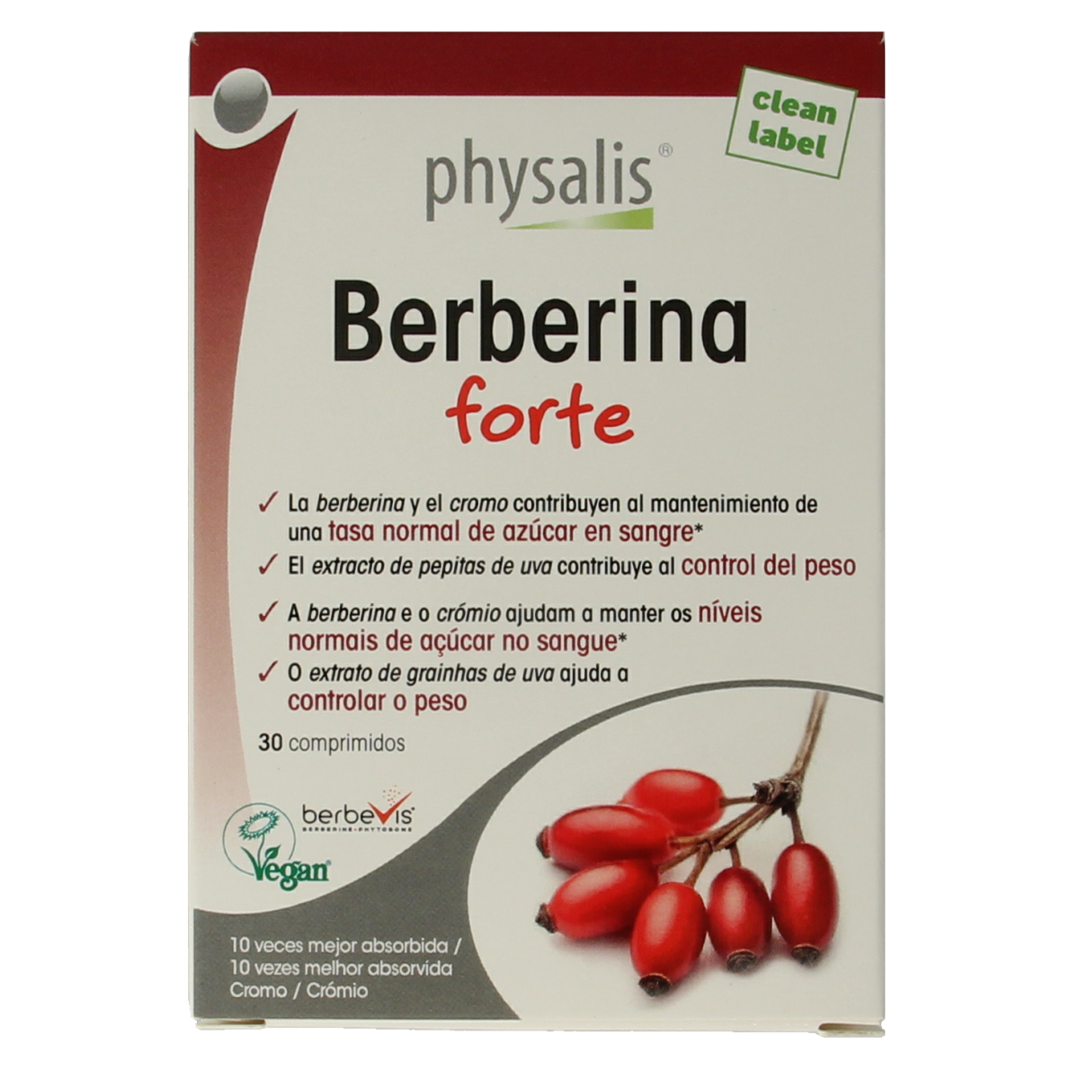 Physalis Berberine Forte 30-tablet bottle, herbal supplement in blister pack, showcasing the packaging and tablets.