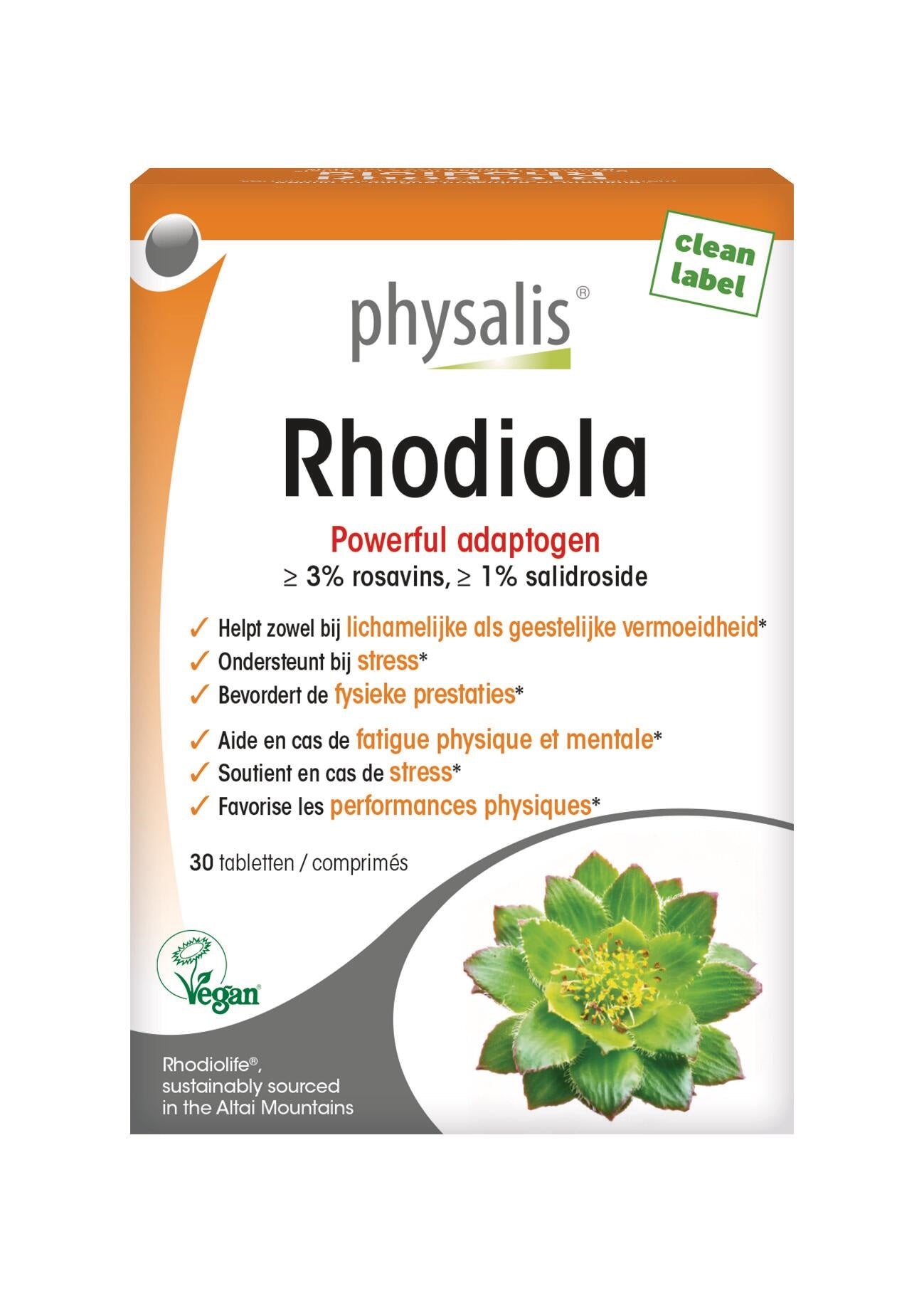 Physalis Rhodiola bio herbal supplement in a white bottle with 30 tablets, featuring the product label and packaging.