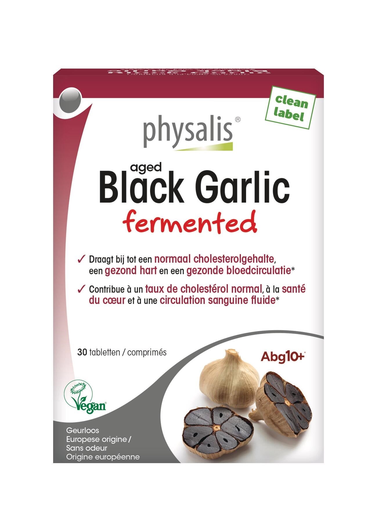 Physalis Black Garlic dietary supplement tablets in a bottle, herbal preparation by Physalis, with 30 tablets in the container.