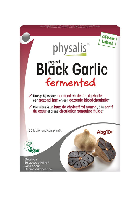 Physalis Black Garlic dietary supplement tablets in a bottle, herbal preparation by Physalis, with 30 tablets in the container.