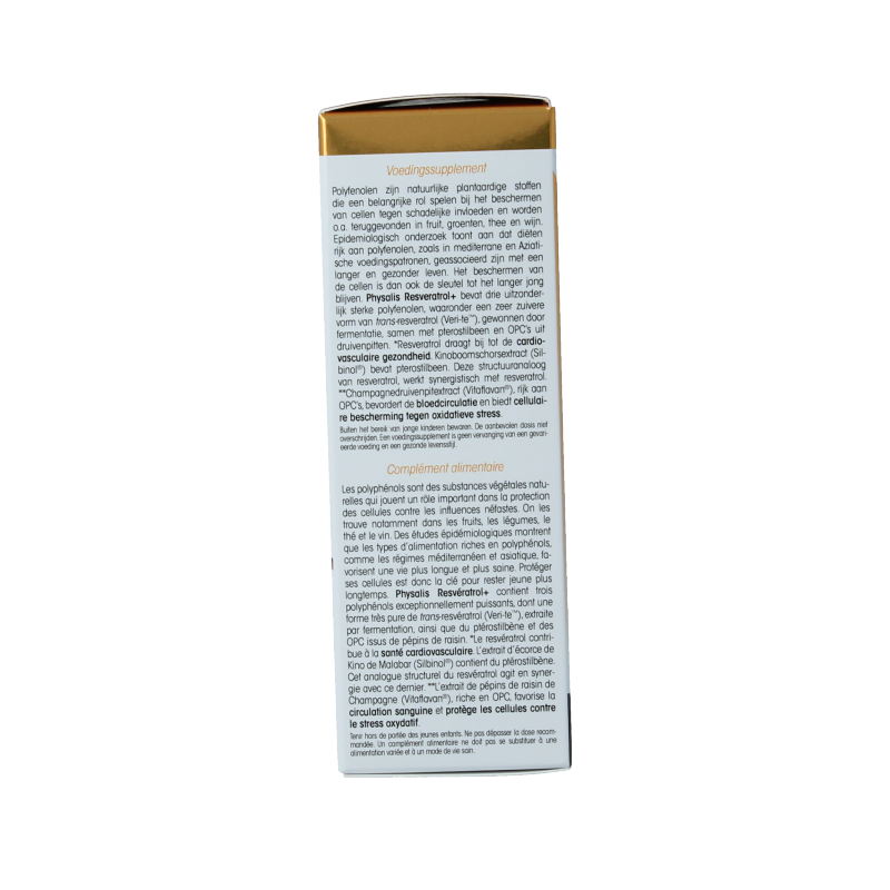Physalis Resveratrol vegan supplement in a bottle of 30 tablets, herbal product with natural ingredients in a clear container.