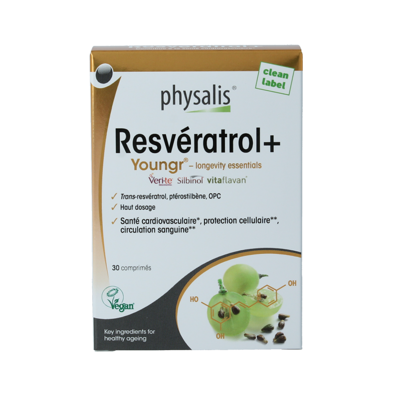 Physalis Resveratrol vegan supplement with 30 tablets, featuring herbal ingredients in a clear container on a white background.