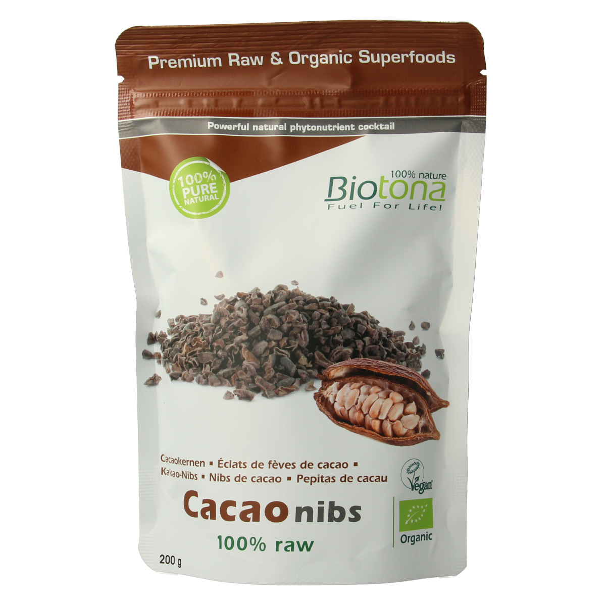Organic Biotona cacao nibs in a 200g package, raw superfood with dark chocolate-colored cacao pieces on the package.