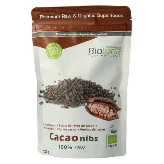 Organic Biotona cacao nibs in a 200g package, raw superfood with dark chocolate-colored cacao pieces on the package.