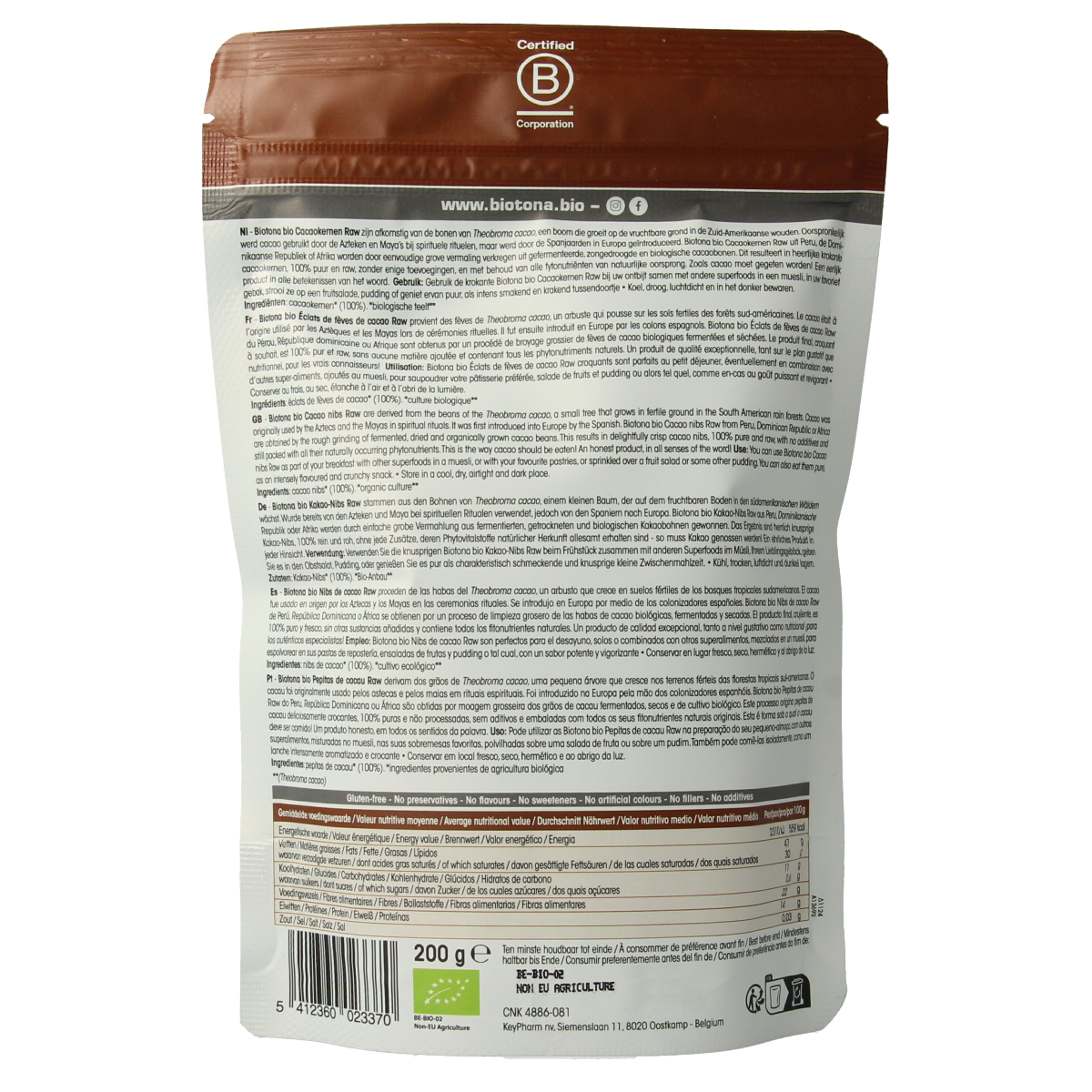 Biotona organic cacao nibs in a 200g bag, raw superfood, showing cacao nibs and packaging.