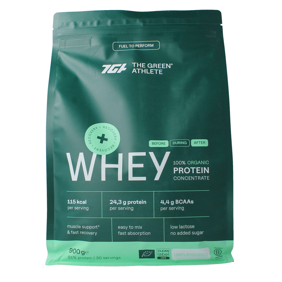 Unflavored Green Athlete Whey Protein Concentrate in a 900g bio package, featuring amino acids for muscle recovery and nutrition.