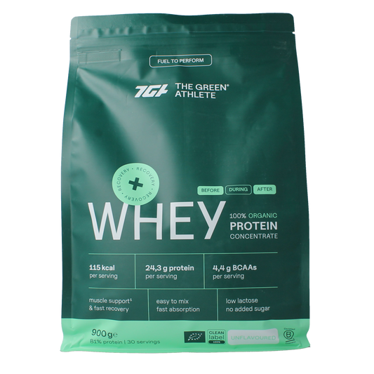 Unflavored Green Athlete Whey Protein Concentrate in a 900g bio package, featuring amino acids for muscle recovery and nutrition.
