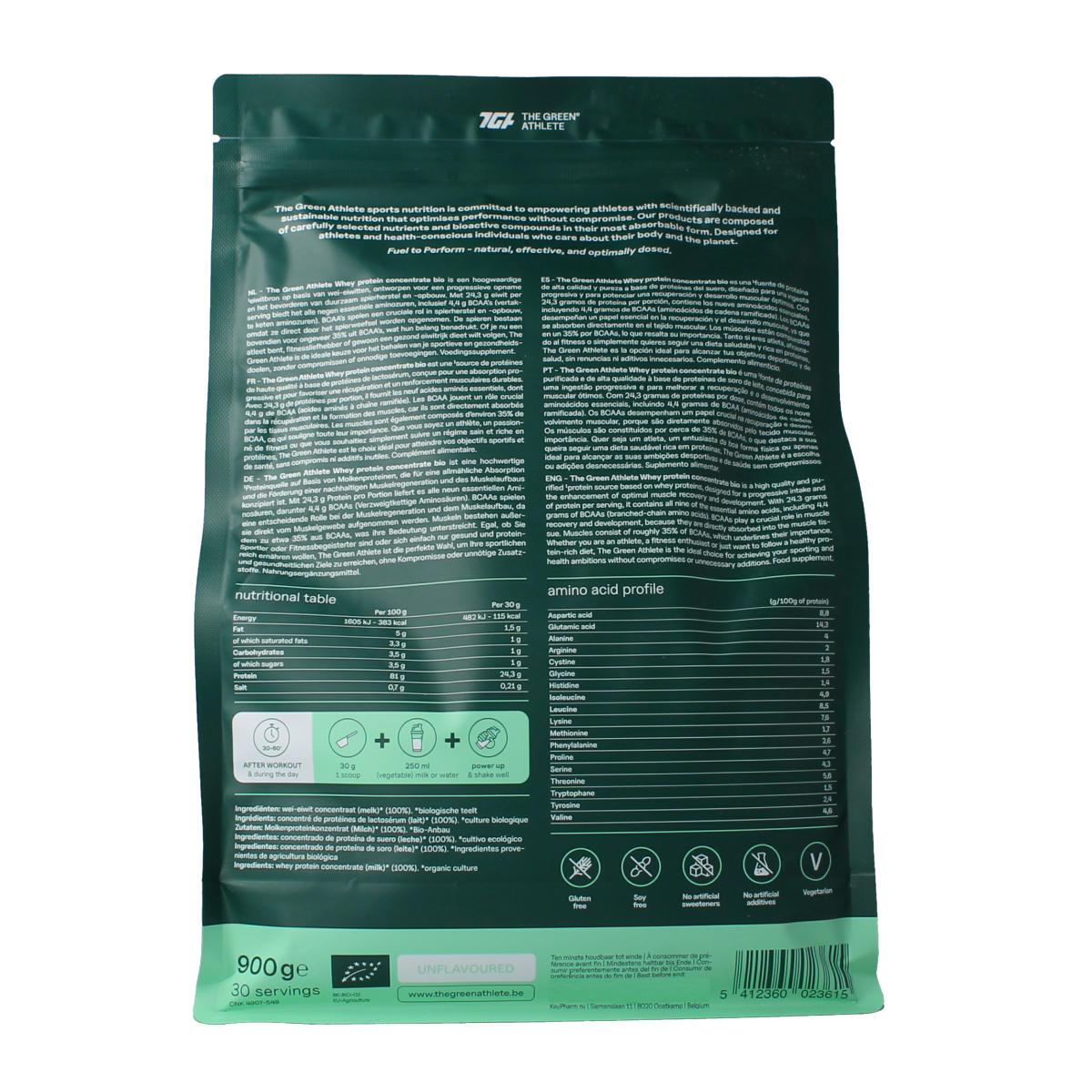 Unflavored Green Athlete whey protein concentrate bio in a 900g container, showcasing the product label and packaging.