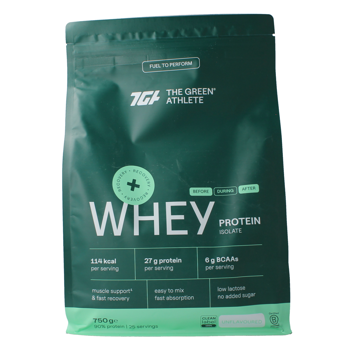 Unflavored The Green Athlete Whey Protein Isolate 750g container with amino acids label and product packaging.