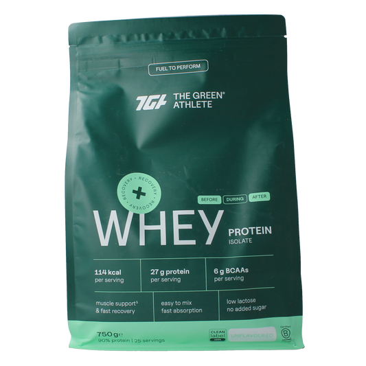 Unflavored The Green Athlete Whey Protein Isolate 750g container with amino acids label and product packaging.