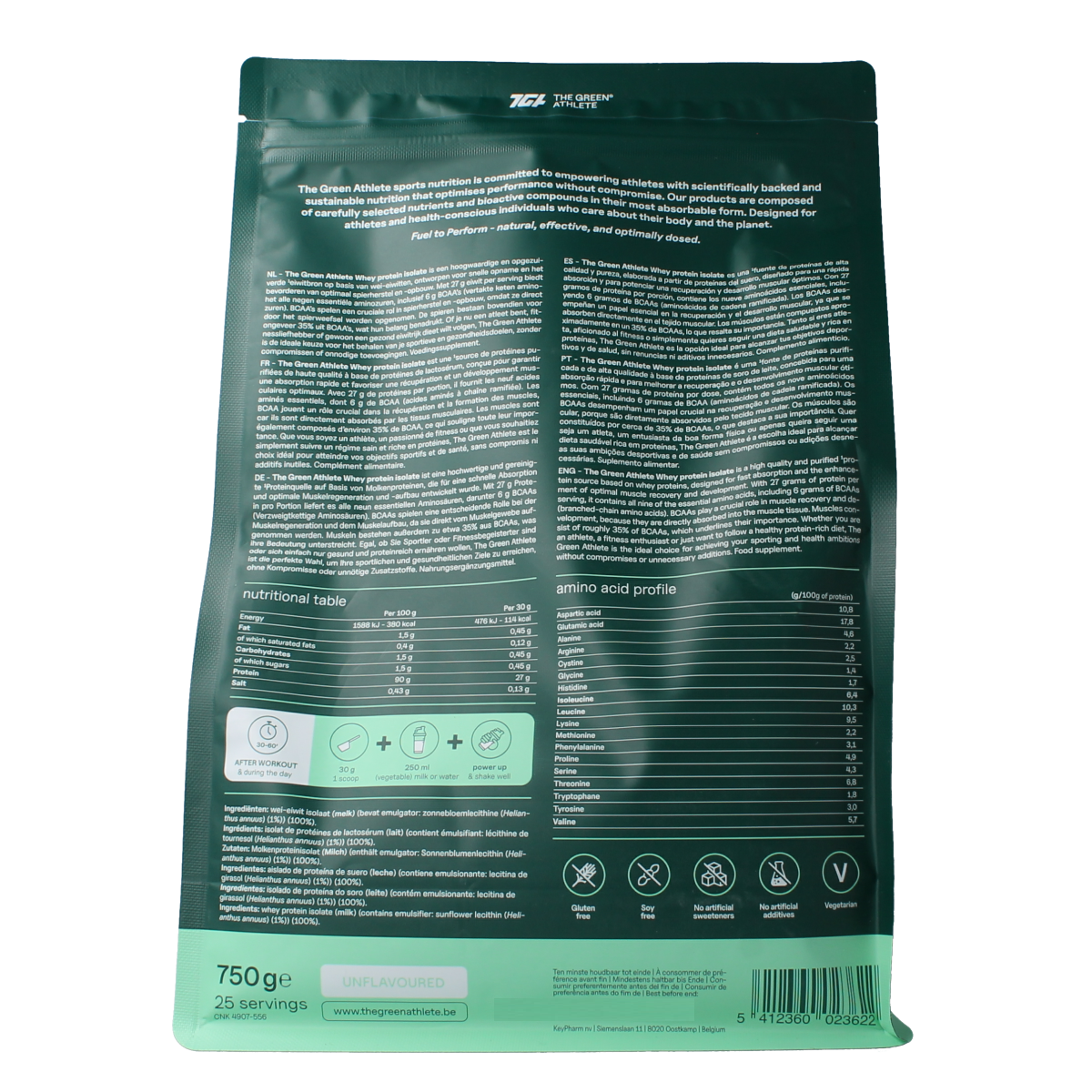 Unflavored The Green Athlete Whey Protein Isolate 750g package with amino acids label on a white background.