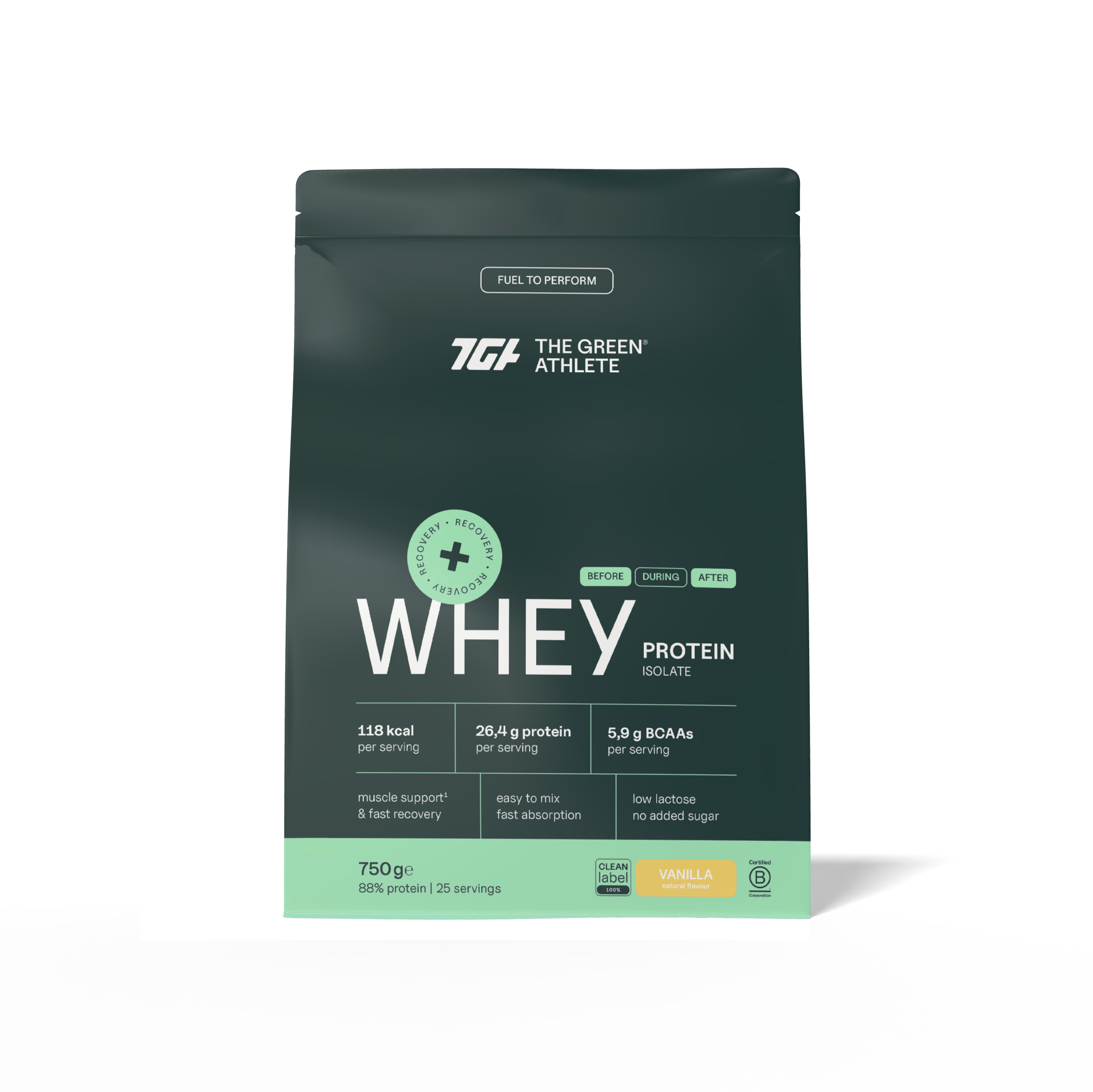 The Green Athlete Vanilla Whey Protein Isolate 750g container, showing the product label and packaging.