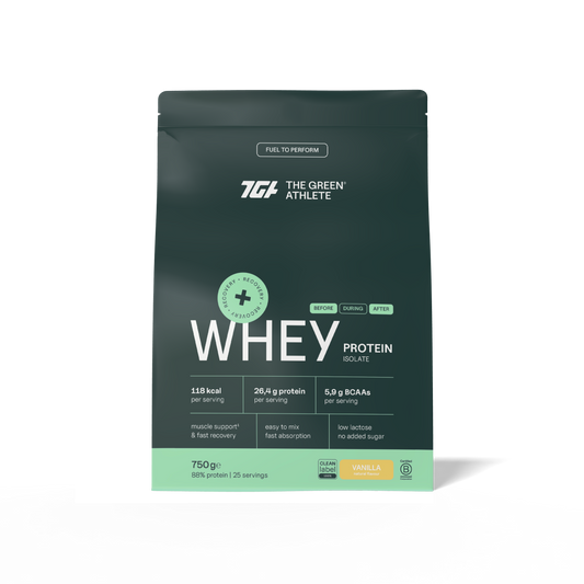 The Green Athlete Vanilla Whey Protein Isolate 750g container, showing the product label and packaging.