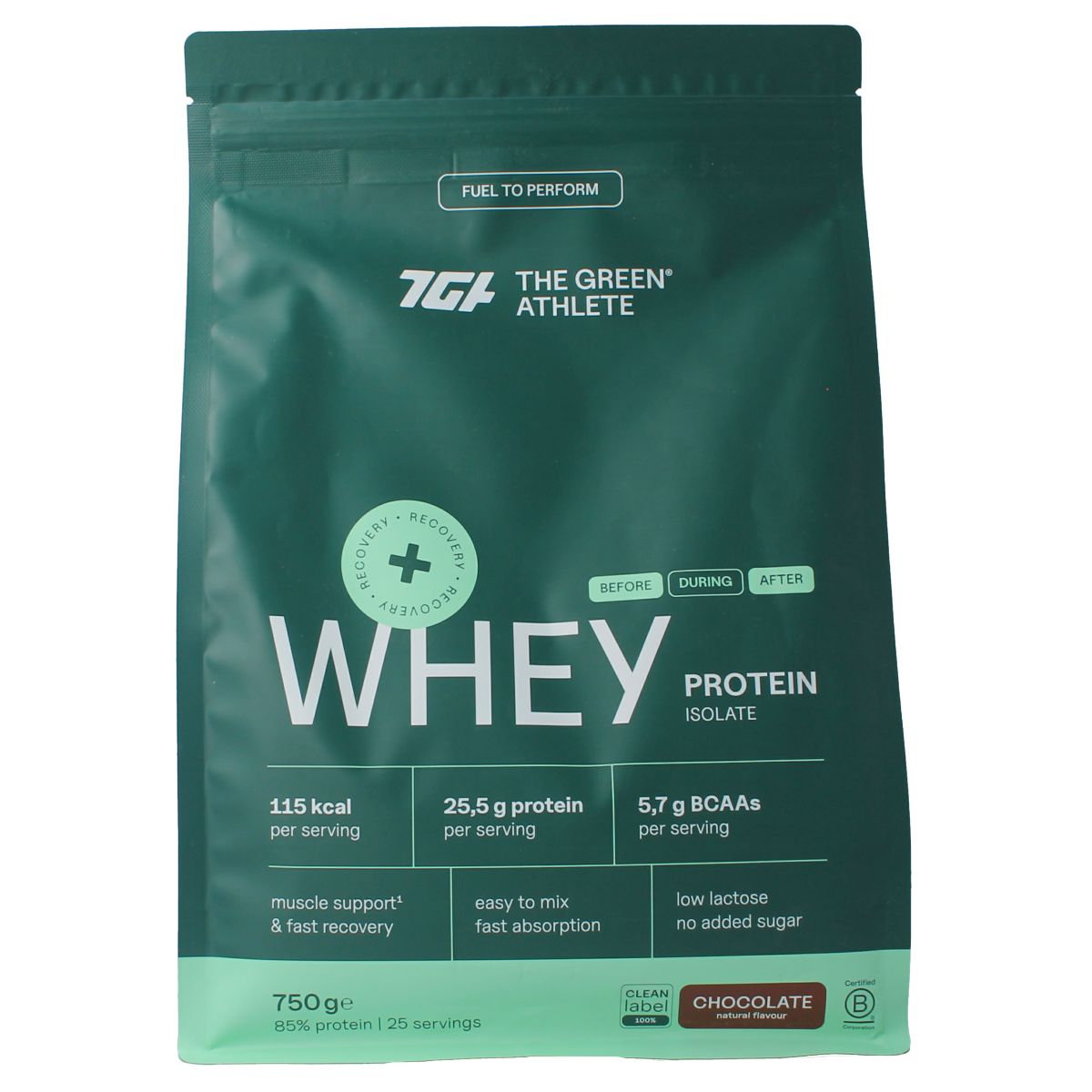 The Green Athlete Whey Protein Isolate Chocolate 750g container, showing the product label and packaging.
